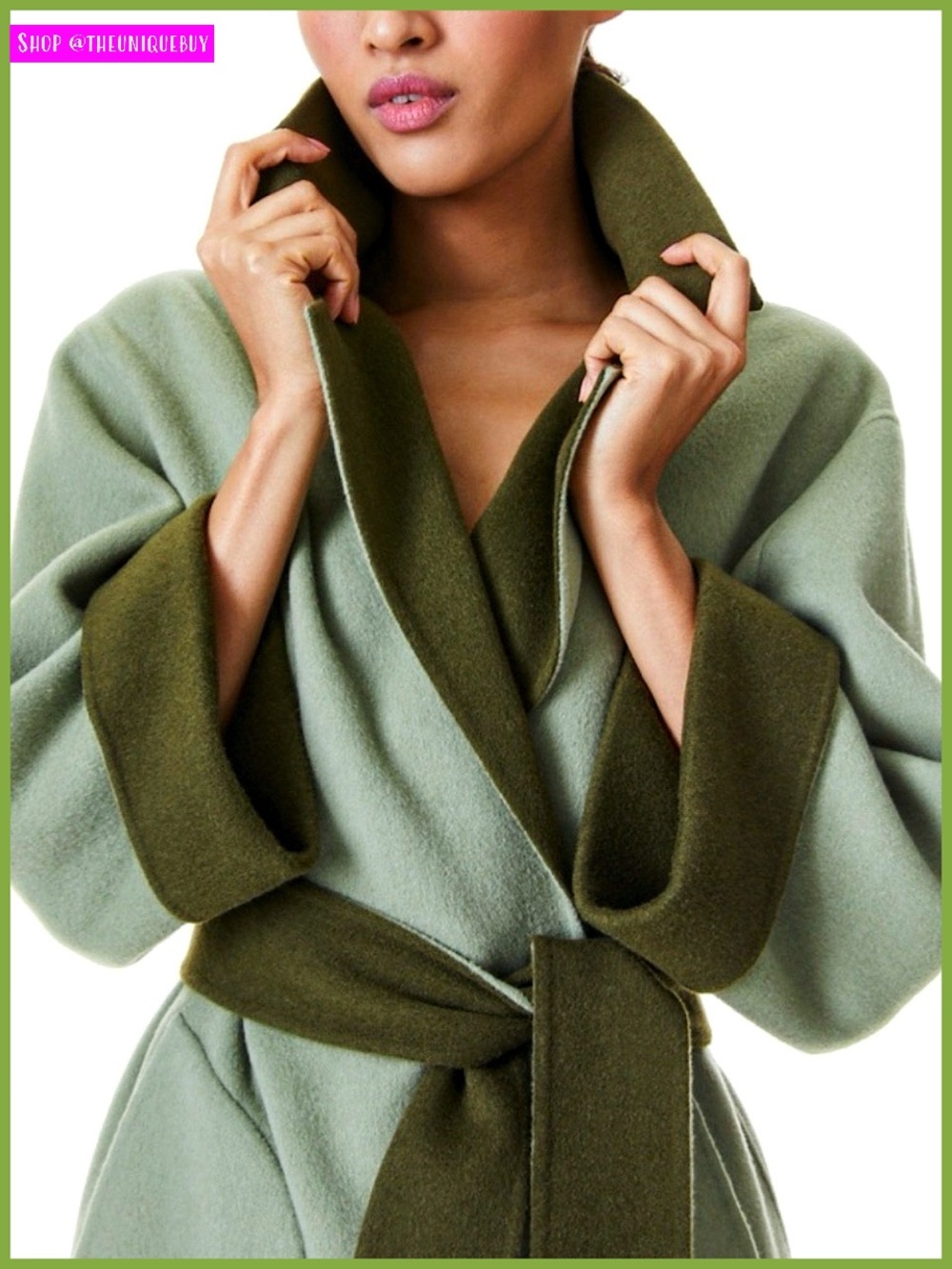 Alice + Olivia Tomiko Sage Olive Green Belted Reversible Cashmere & Wool Coat
